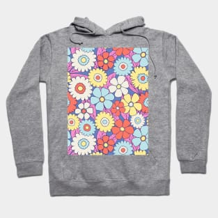 Groovy retro flower power pattern in blue, red and yellow Hoodie